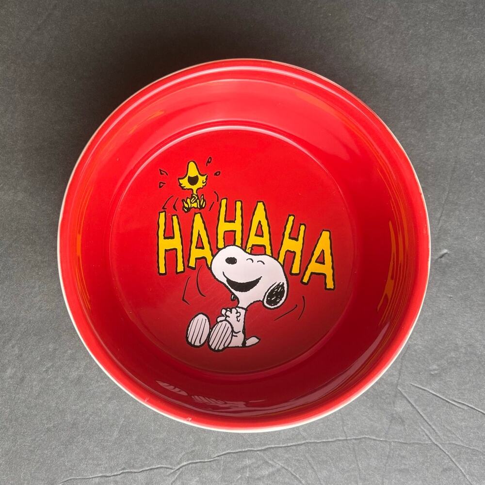 PEANUTS Stoneware Pet Bowl 7 in. Red White Yellow Black Snoopy and Woodstock